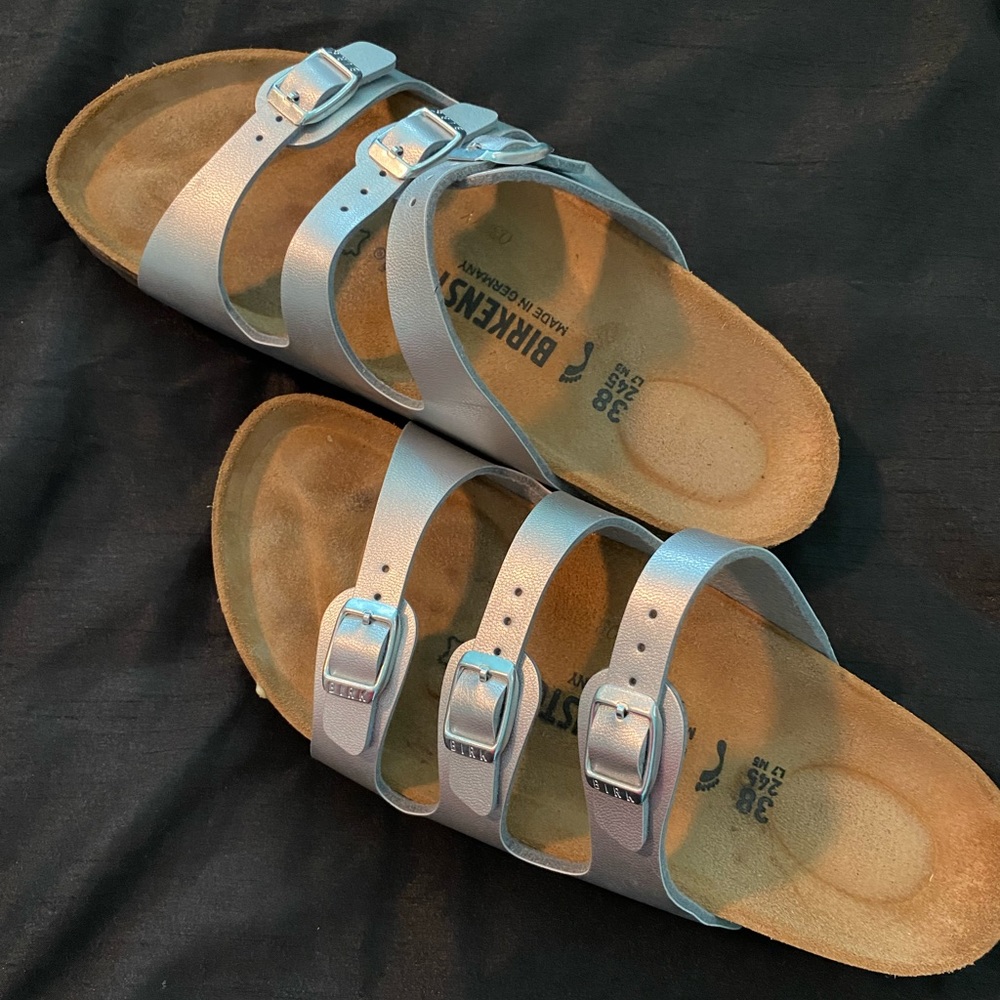 Birkenstock Sandals, Size 38, Silver.